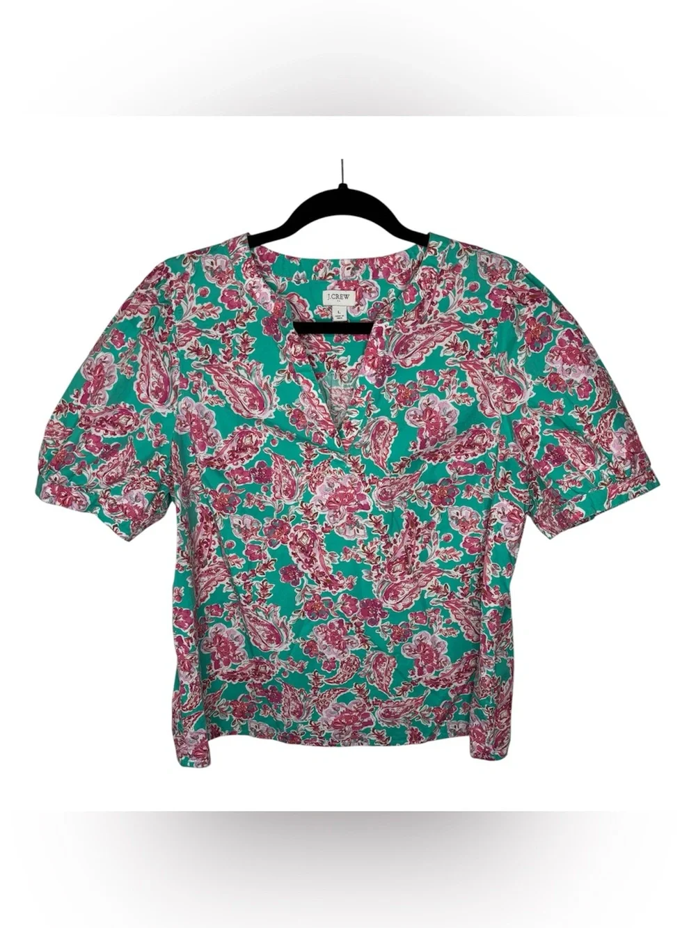 J. Crew Paisley Floral Puff Sleeve Top Womens L Green & Pink Lightweight Relaxed